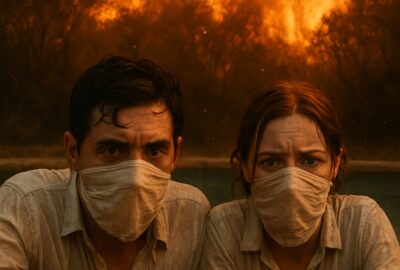Two terrified survivors submerged in a pool gripping the edge as wildfire rages feet behind them