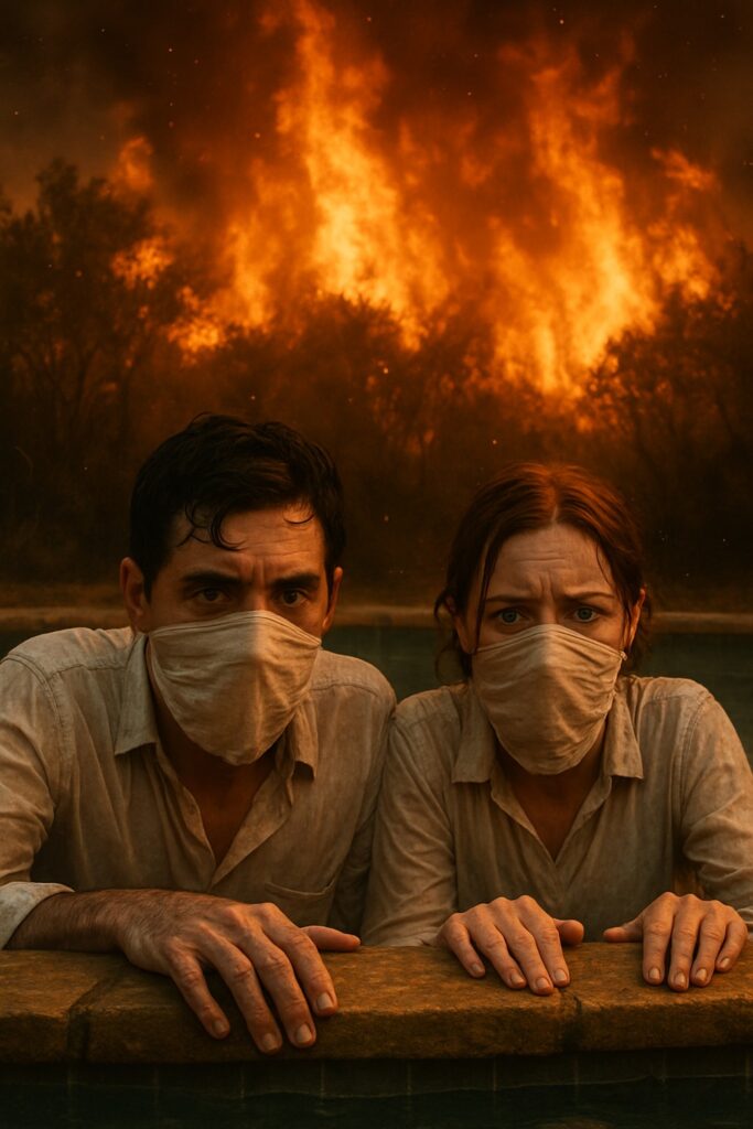 Two terrified survivors submerged in a pool gripping the edge as wildfire rages feet behind them