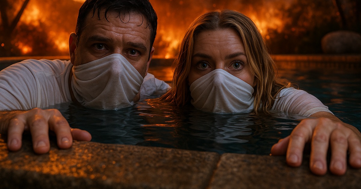 Overhead view of two people clinging to a pool edge with raging wildfire reflected in water