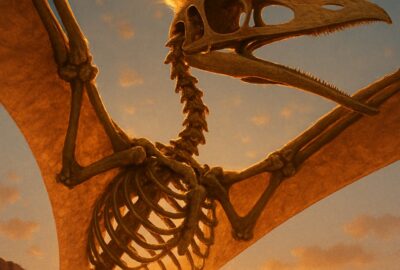 Tupuxuara leonardii pterosaur skeleton soaring over a dramatic desert canyon at golden hour
