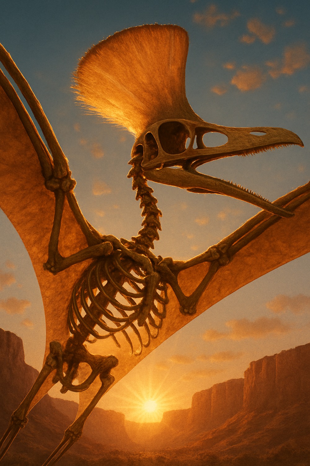 Tupuxuara leonardii pterosaur skeleton soaring over a dramatic desert canyon at golden hour