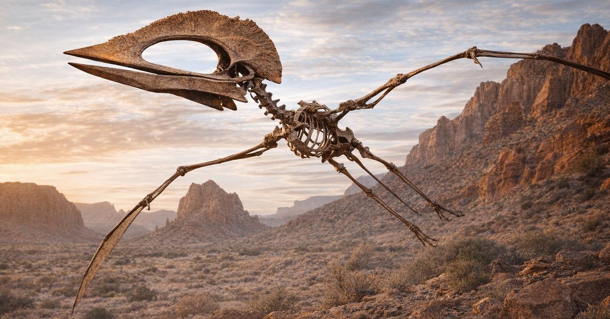 Close-up of Tupuxuara leonardii skull crest fossil detail against warm amber canyon light
