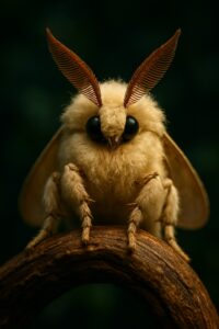 Fluffy cream-colored Venezuelan poodle moth perched on a dark forest branch