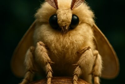 Fluffy cream-colored Venezuelan poodle moth perched on a dark forest branch