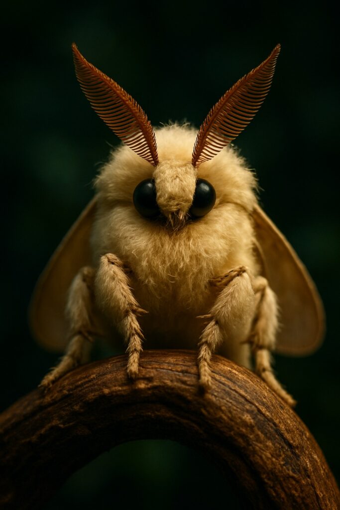Fluffy cream-colored Venezuelan poodle moth perched on a dark forest branch