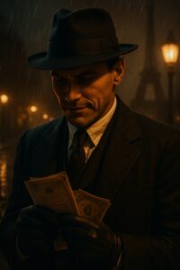 A 1930s suited con man holds documents on a rainy Parisian cobblestone street at night