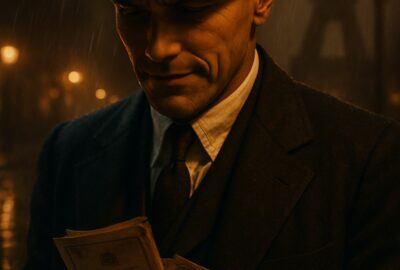 A 1930s suited con man holds documents on a rainy Parisian cobblestone street at night