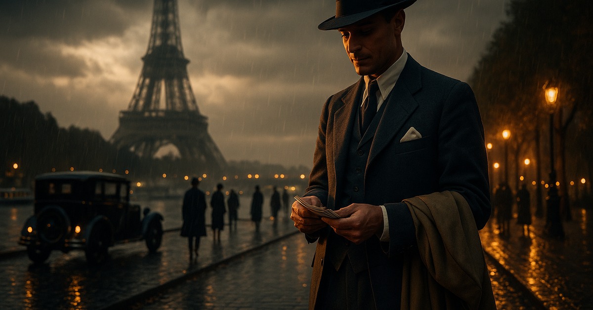 Shadowy figure in fedora and overcoat walks away from glowing Eiffel Tower at dusk