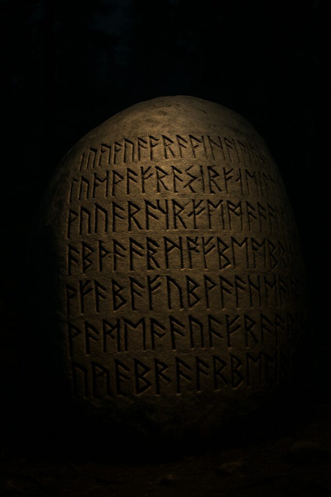 Ancient runic inscriptions carved into a large granite boulder illuminated in a dark Ontario forest