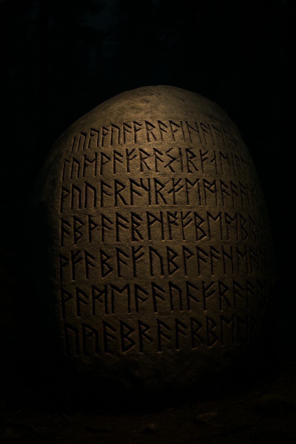 Ancient runic inscriptions carved into a large granite boulder illuminated in a dark Ontario forest