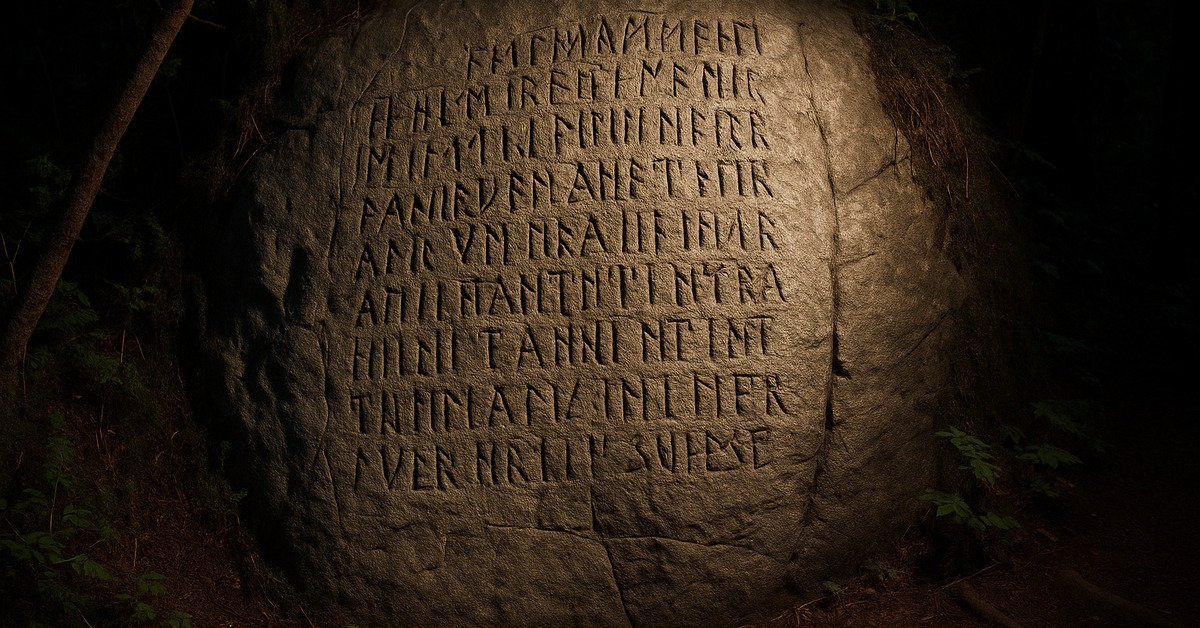 Close-up side angle of deeply carved Norse runes on weathered granite bedrock at night