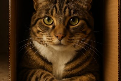 Tabby cat with amber eyes curled snugly inside a cardboard box looking at camera