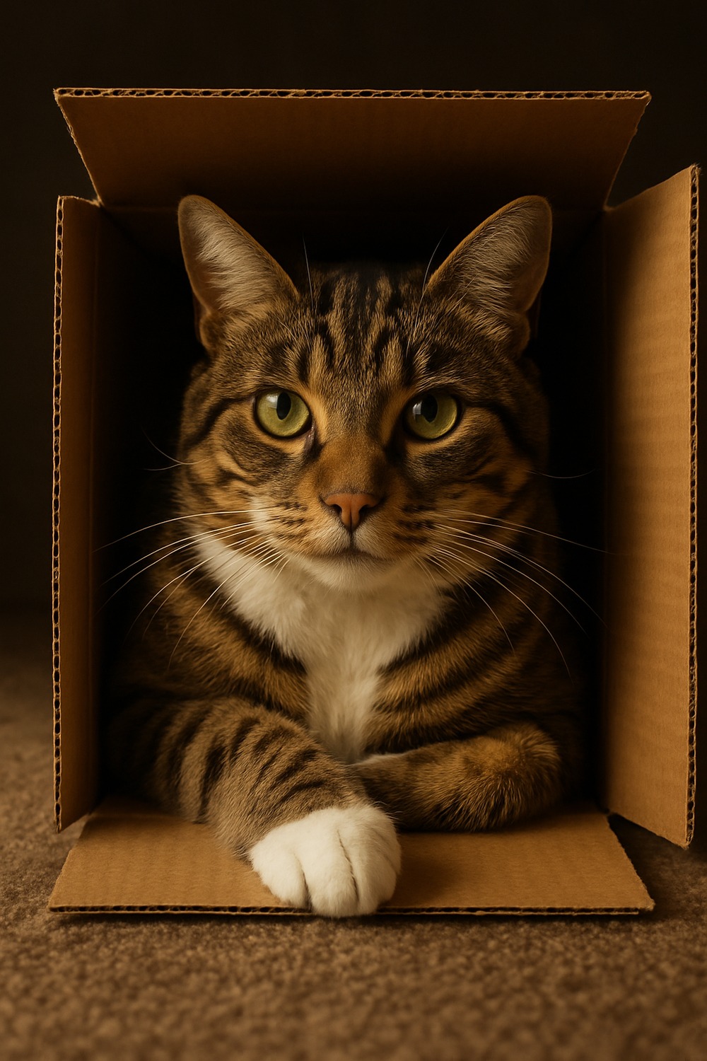 Tabby cat with amber eyes curled snugly inside a cardboard box looking at camera