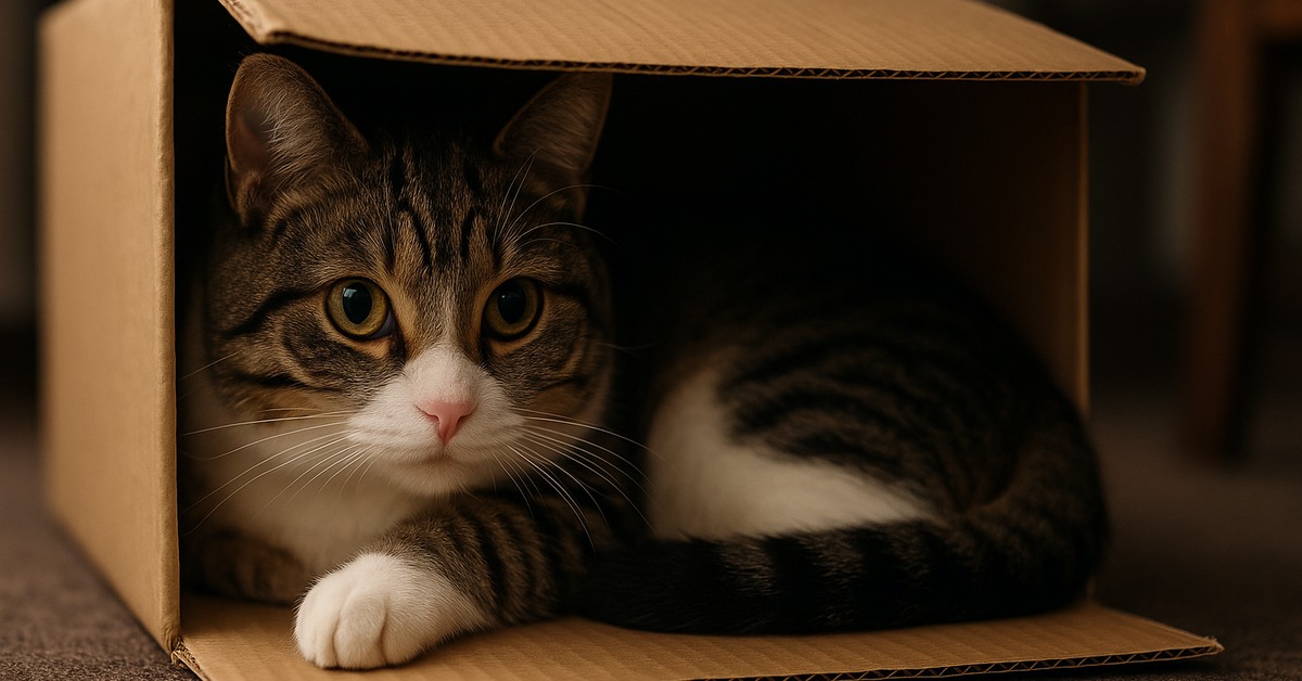 Close-up side view of striped tabby cat peeking over edge of cardboard box