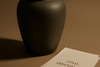 Dark grey cremation urn beside final arrangements documents on taupe surface