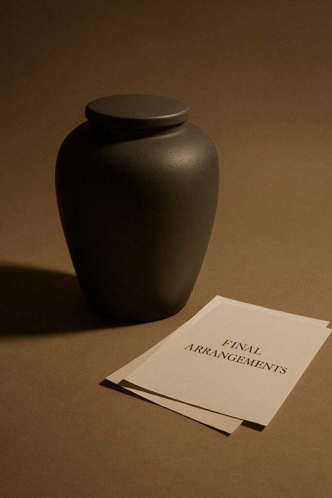 Dark grey cremation urn beside final arrangements documents on taupe surface
