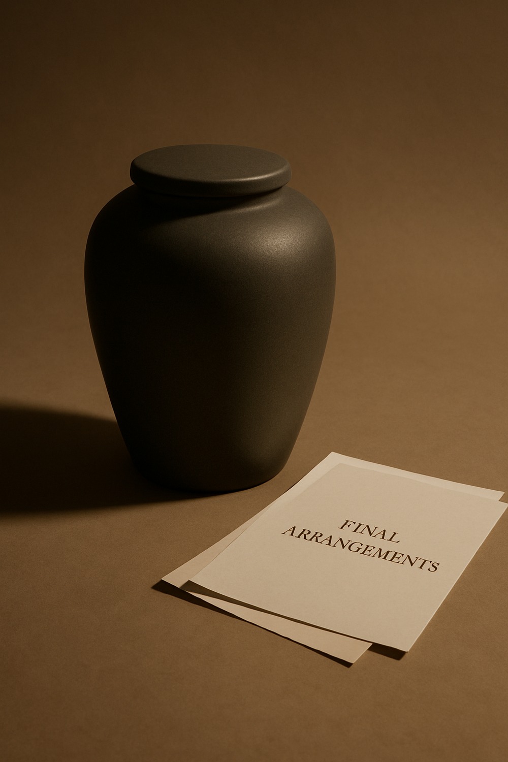 Dark grey cremation urn beside final arrangements documents on taupe surface