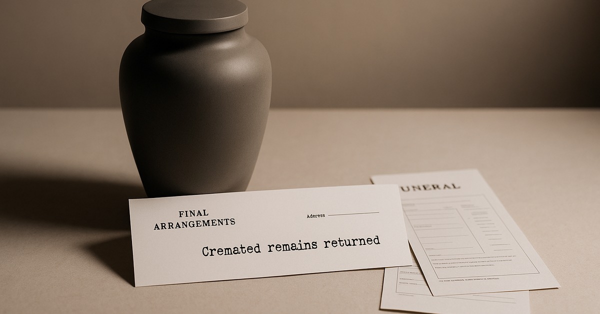 Close-up overhead view of cremation urn and funeral paperwork on grey background