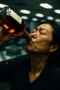 Woman drinking entire cognac bottle at Beijing airport security checkpoint defiantly