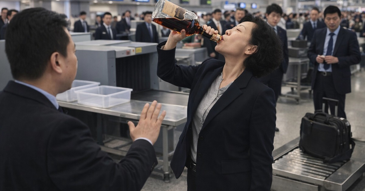 Airport security officers surrounding intoxicated woman slumped near conveyor belt