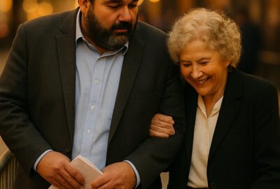 Elderly woman with curly hair smiling while walking arm-in-arm with bearded man at a premiere event