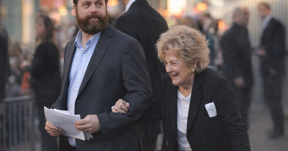 Bearded man in blazer gently guiding elderly woman past crowd barriers at evening event