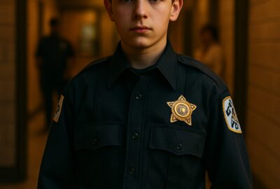 Two uniformed police officers walk purposefully down a warmly lit institutional hallway