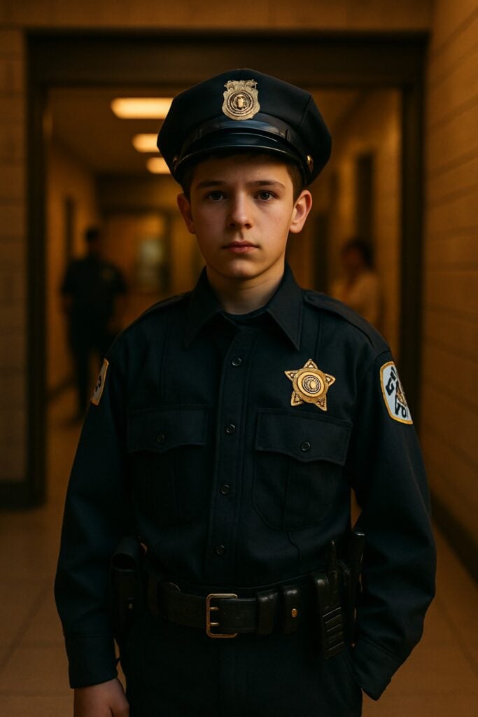 Two uniformed police officers walk purposefully down a warmly lit institutional hallway