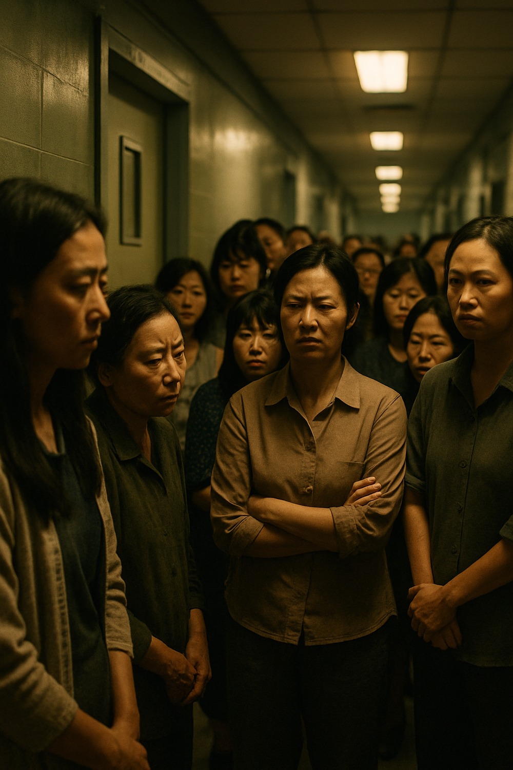 Crowded hospital corridor in China with many women waiting anxiously outside a room