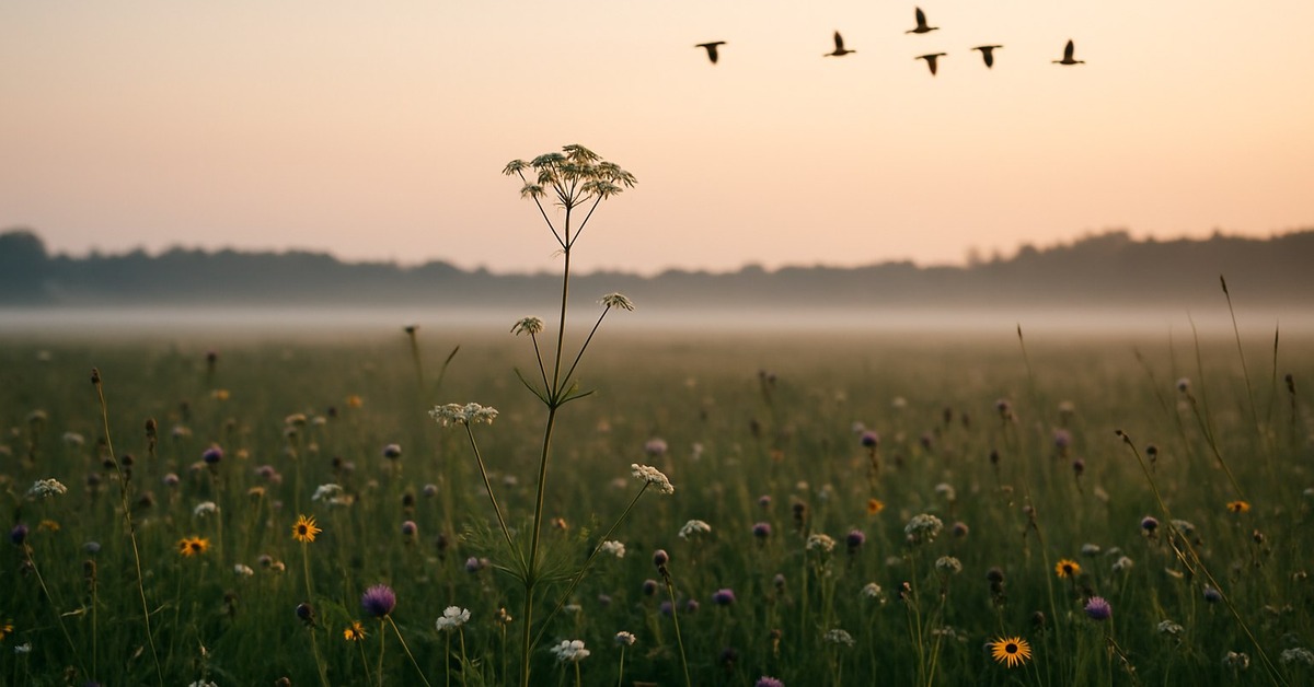 Close-up of a wildflower meadow with visibly few insects on blooms at golden hour