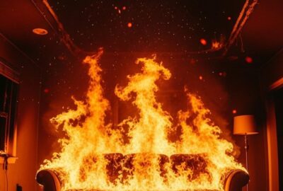 Thick black smoke billowing from a modern suburban house engulfed in fast-moving flames