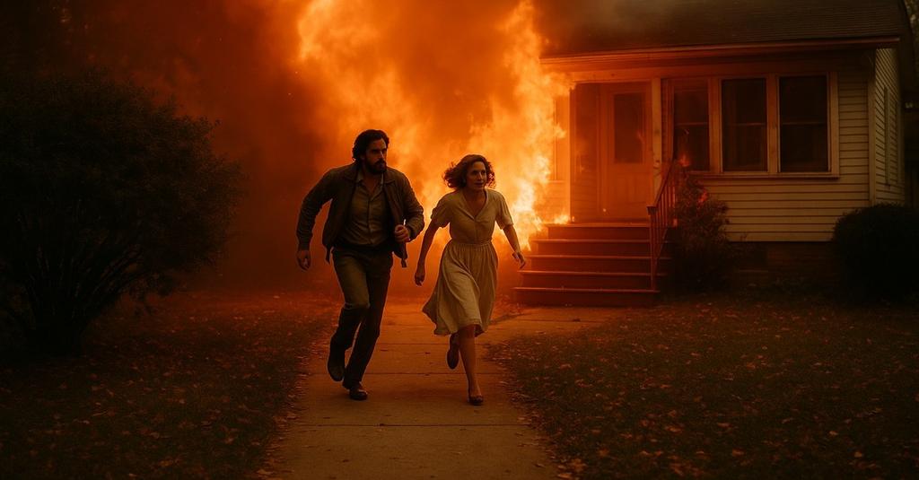 Firefighter entering a burning home through a doorway filled with dense orange smoke