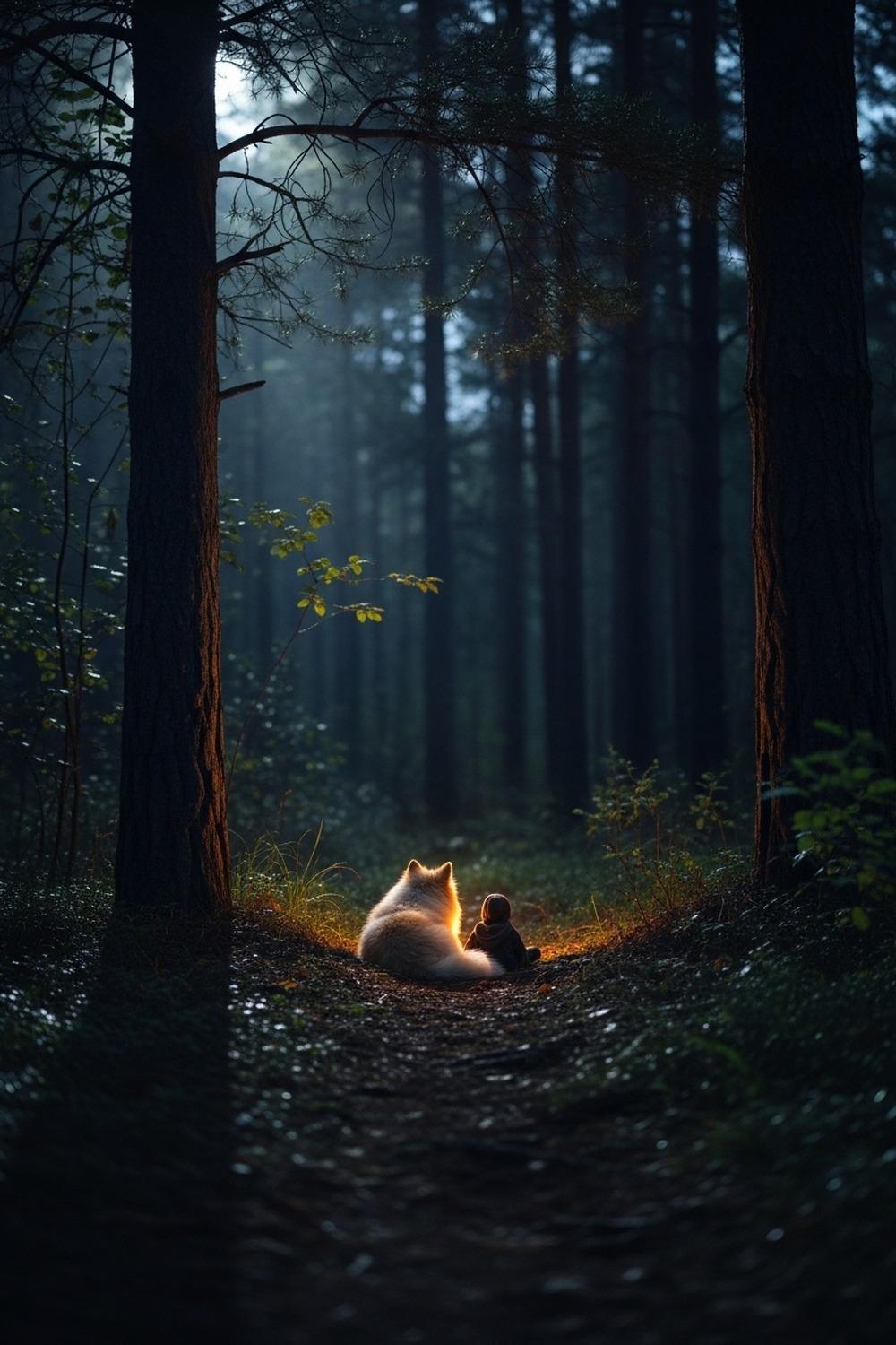 Small child and loyal puppy huddled together in a dense Siberian forest at dusk
