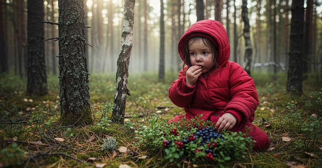 Dense Siberian taiga wilderness with wild berries and a winding river at golden hour