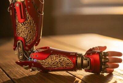 A young boy wearing a red and gold bionic arm inspired by Iron Man superhero design