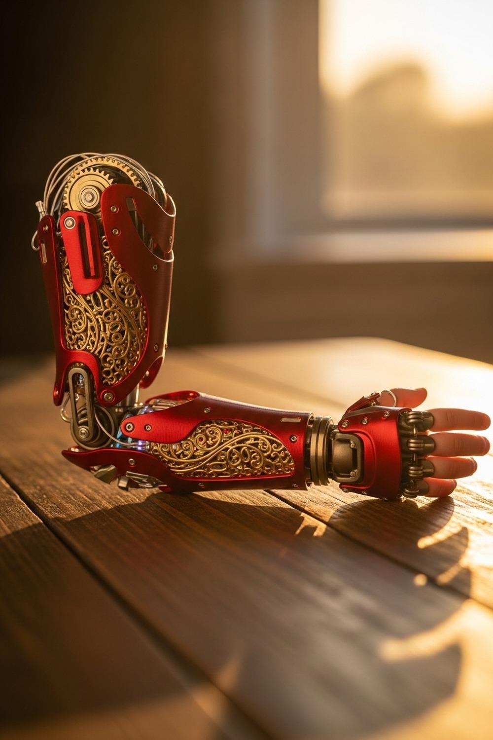 A young boy wearing a red and gold bionic arm inspired by Iron Man superhero design