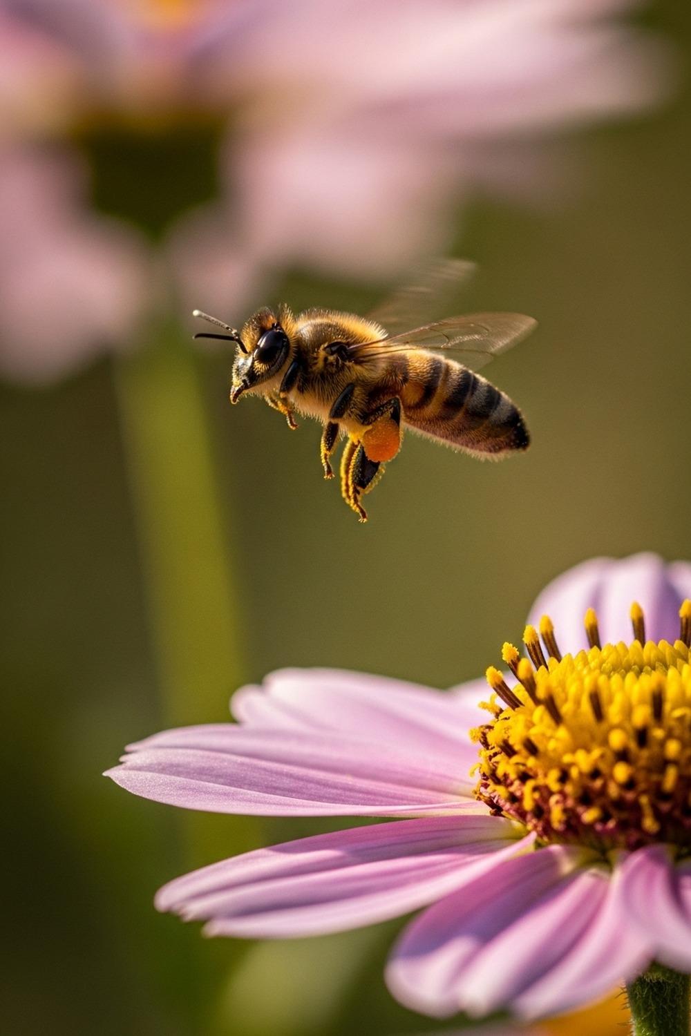 Close-up of a honeybee covered in pollen landing on a wildflower bloom