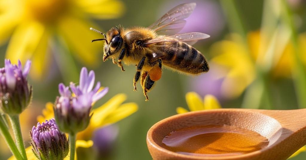 Golden honeycomb filled with amber honey inside a thriving beehive colony