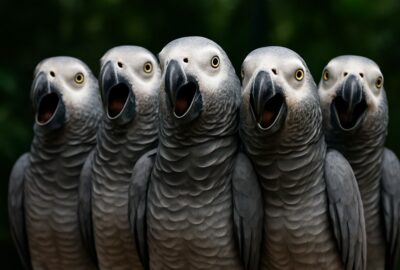 Five African grey parrots perched together on a wooden dowel, beaks open mid-vocalization