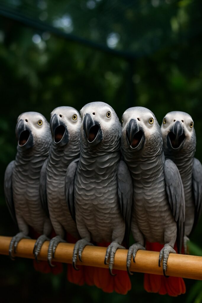 Five African grey parrots perched together on a wooden dowel, beaks open mid-vocalization