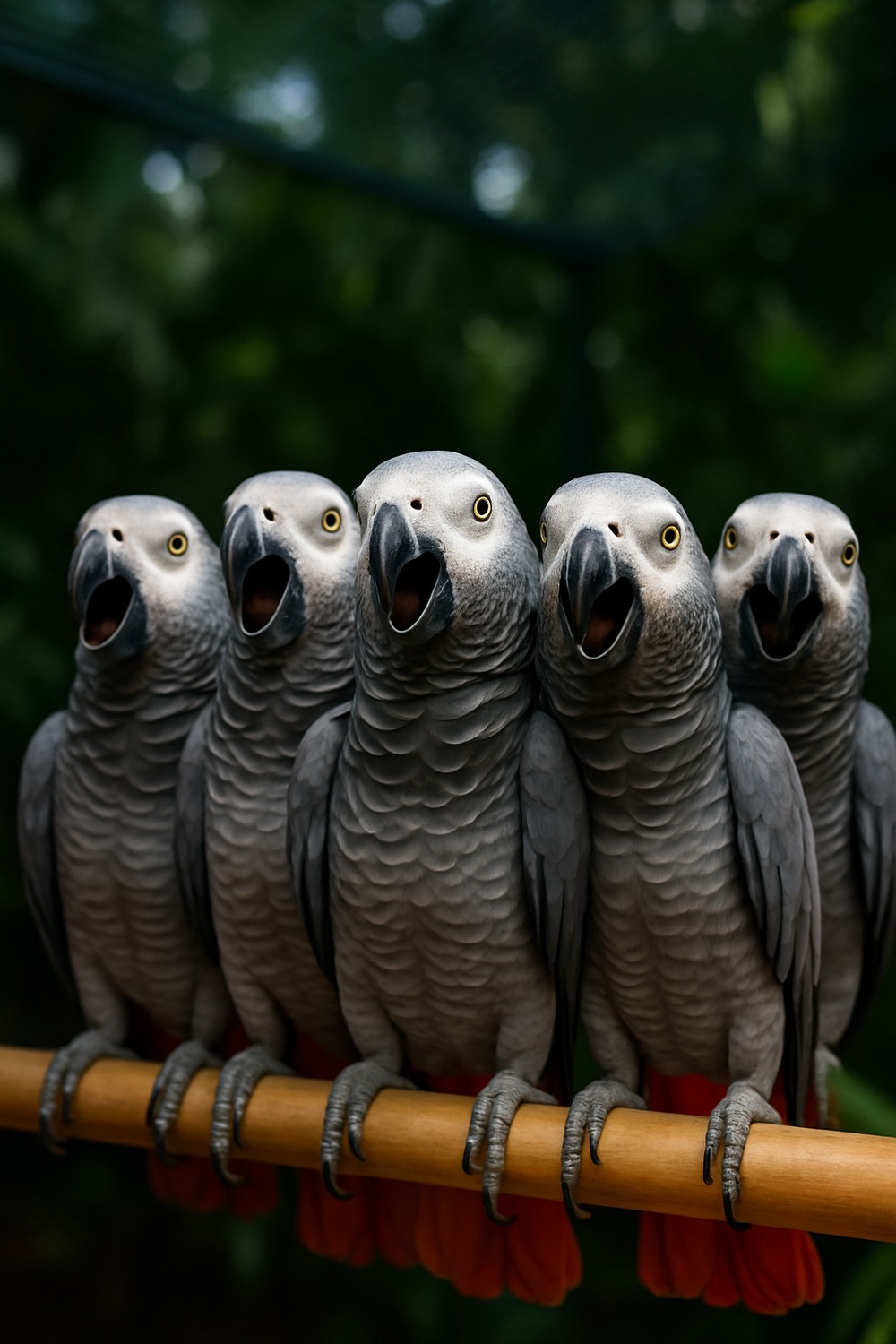 Five African grey parrots perched together on a wooden dowel, beaks open mid-vocalization