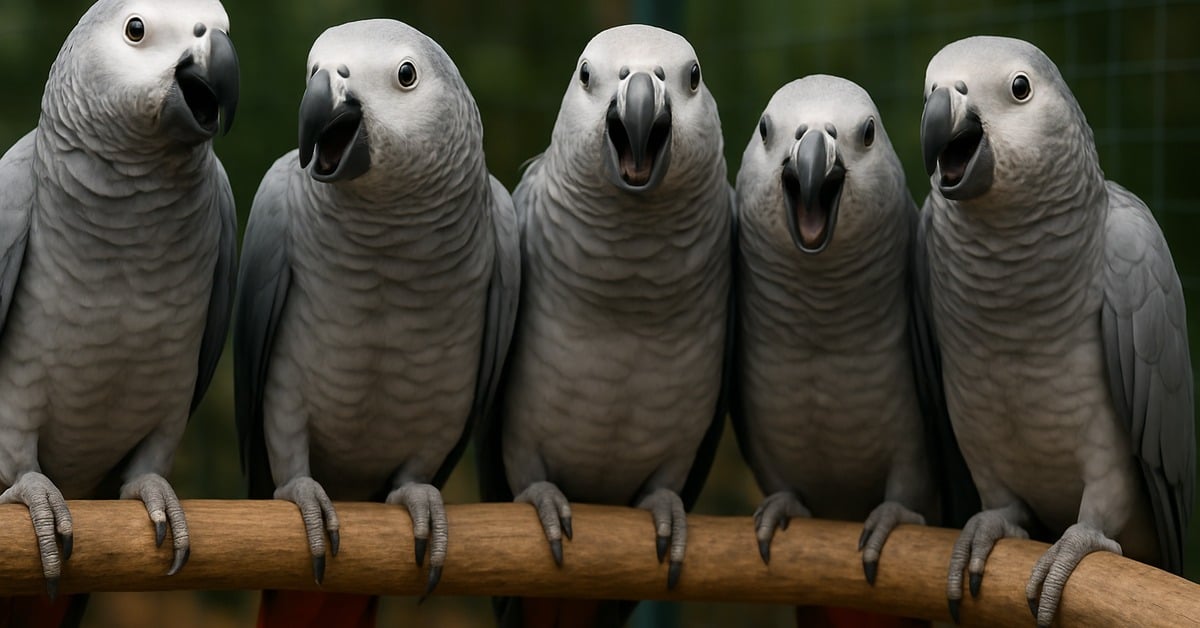 Close-up of African grey parrots on a perch, vivid red tail feathers and open beaks visible