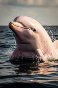 Rare albino bottlenose dolphin with ghostly pink-white skin surfacing in dark Atlantic waters