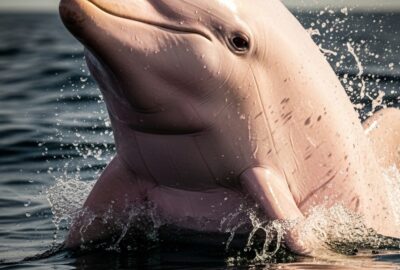 Rare albino bottlenose dolphin with ghostly pink-white skin surfacing in dark Atlantic waters