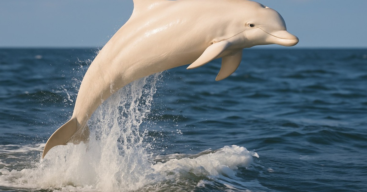 Close aerial view of albino dolphin swimming alongside gray bottlenose dolphins in open ocean