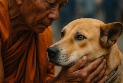 Buddhist monk in saffron robes crouches to adjust bandana on calm tan pilgrimage dog