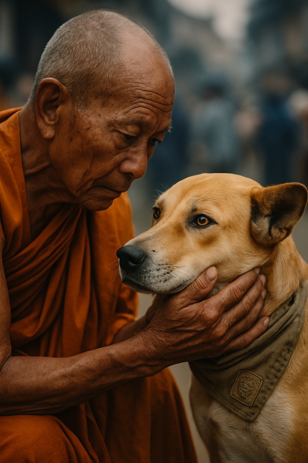 Buddhist monk in saffron robes crouches to adjust bandana on calm tan pilgrimage dog