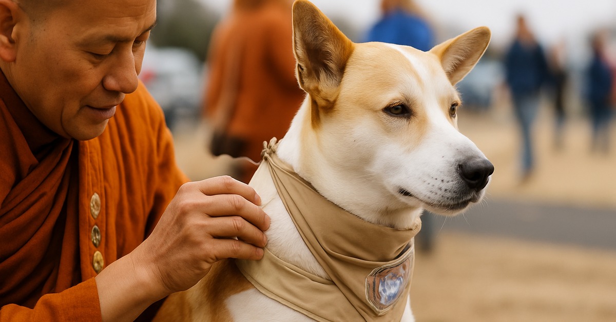 Pilgrimage dog wearing khaki bandana sits alert beside robed Buddhist monk outdoors