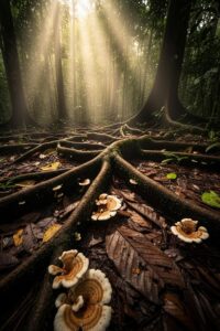 Dense Amazon rainforest canopy with mist rising above ancient towering trees at dawn