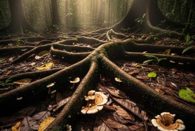 Dense Amazon rainforest canopy with mist rising above ancient towering trees at dawn